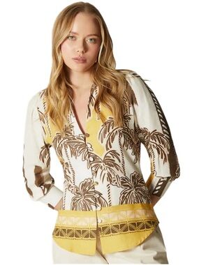 Studio F, Printed Palm-Tree Button-Front Women's Top in Cream and Brown